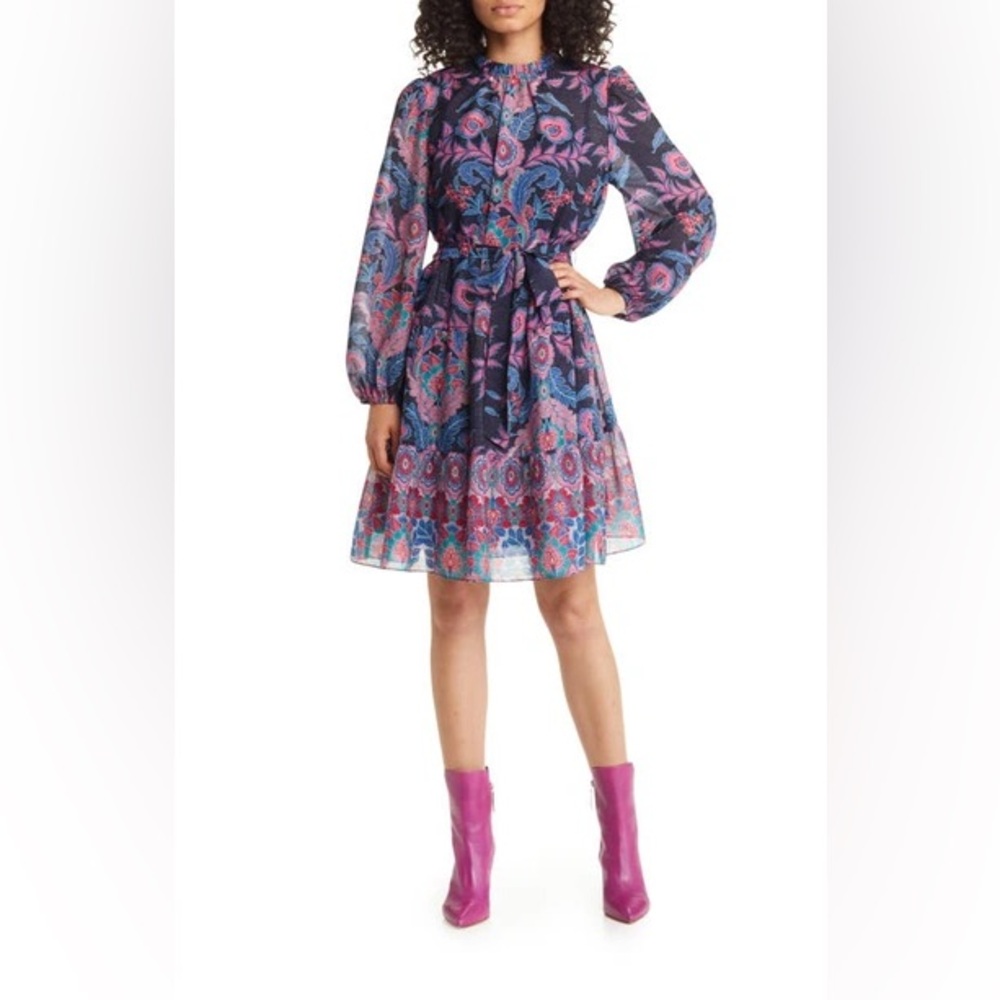 Julia Jordan Ruffle Long Sleeve Dress - Navy, Pink